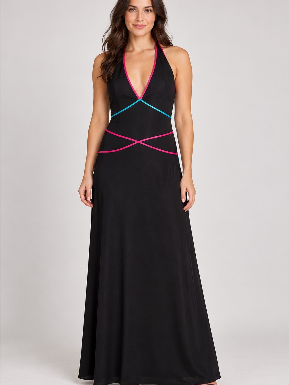 Vintage Dusk Black Maxi Dress 7/8 Pink Teal Trim Y2K Formal